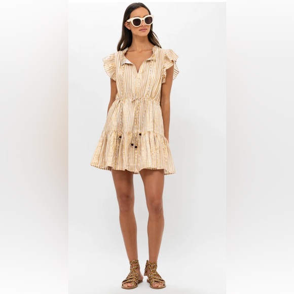Oliphant Design 100% Cotton Gold Stripe Flutter Sleeve Dress Women’s Size Small - Picture 1 of 16